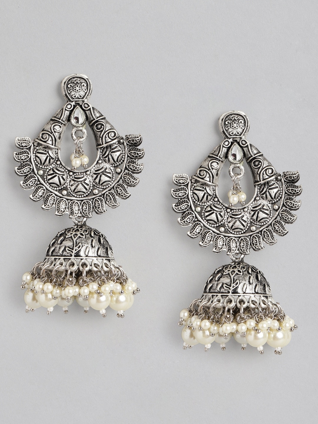 

Anouk Oxidised Silver-Toned Stone Studded & Beaded Dome Shaped Jhumkas