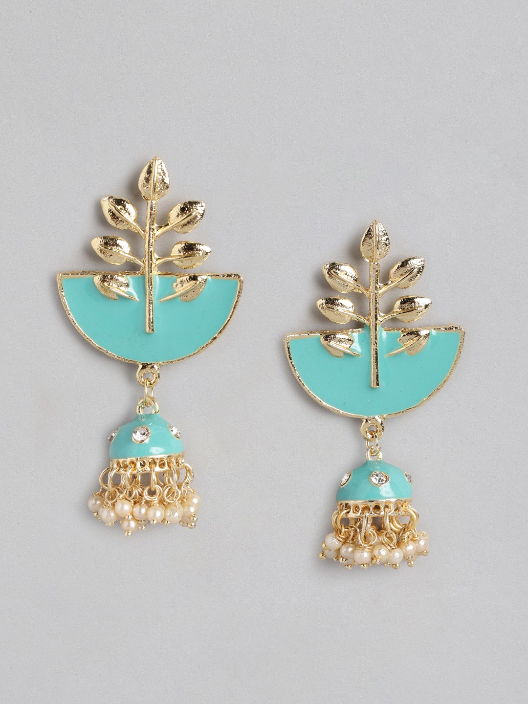 

Anouk Gold-Toned & Blue Stone Studded & Beaded Enamelled Dome Shaped Jhumkas