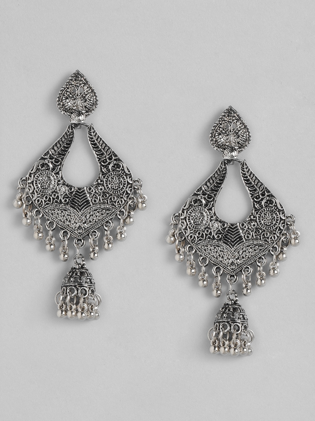 

Anouk Silver-Toned Oxidised Crescent Shaped Jhumkas