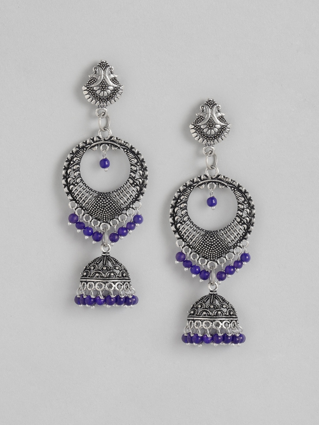

Anouk Silver-Toned & Blue Oxidised Beaded Crescent Shaped Jhumkas