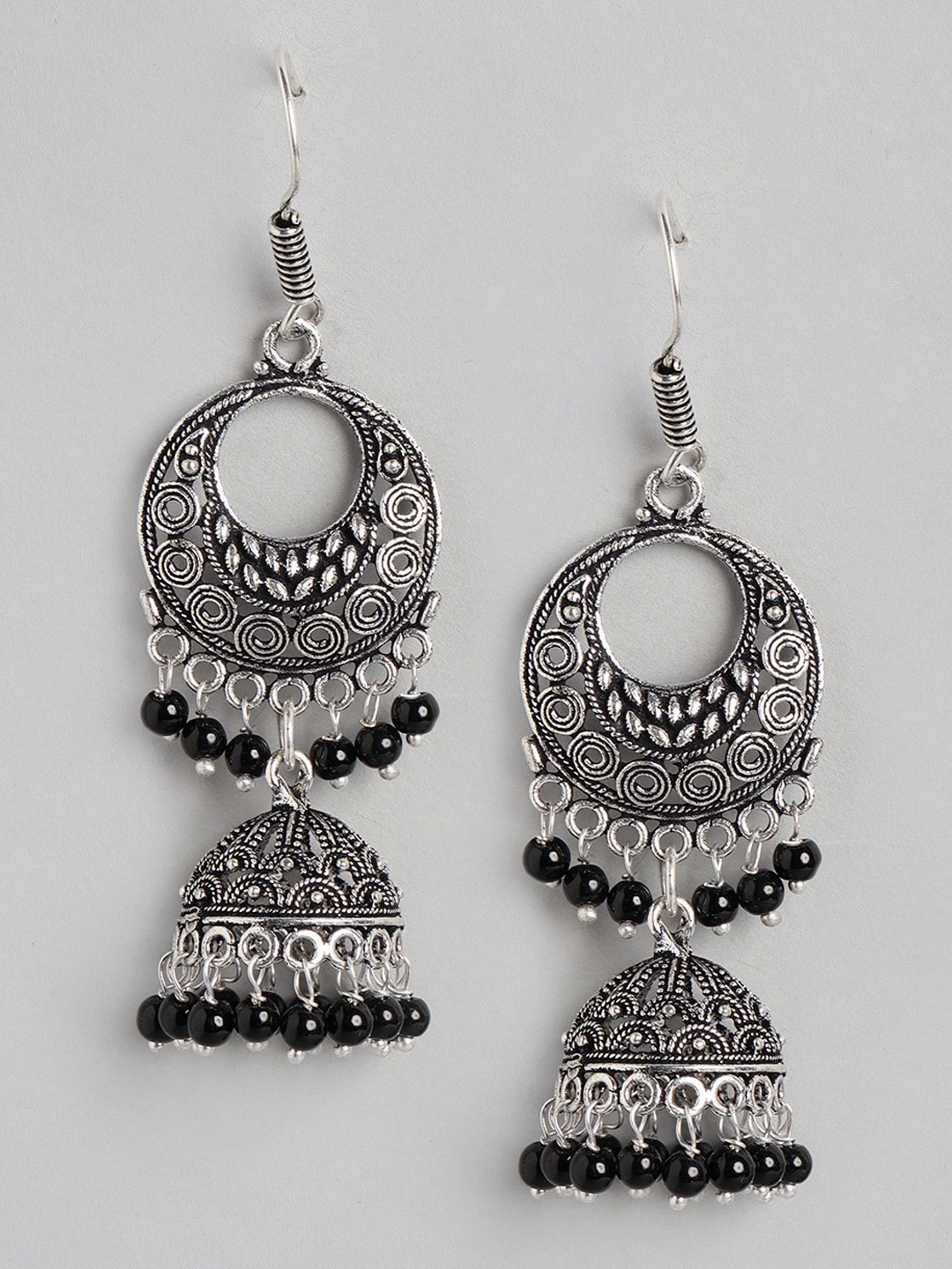 

Anouk Silver-Toned & Black Oxidised Beaded Crescent Shaped Chandbalis