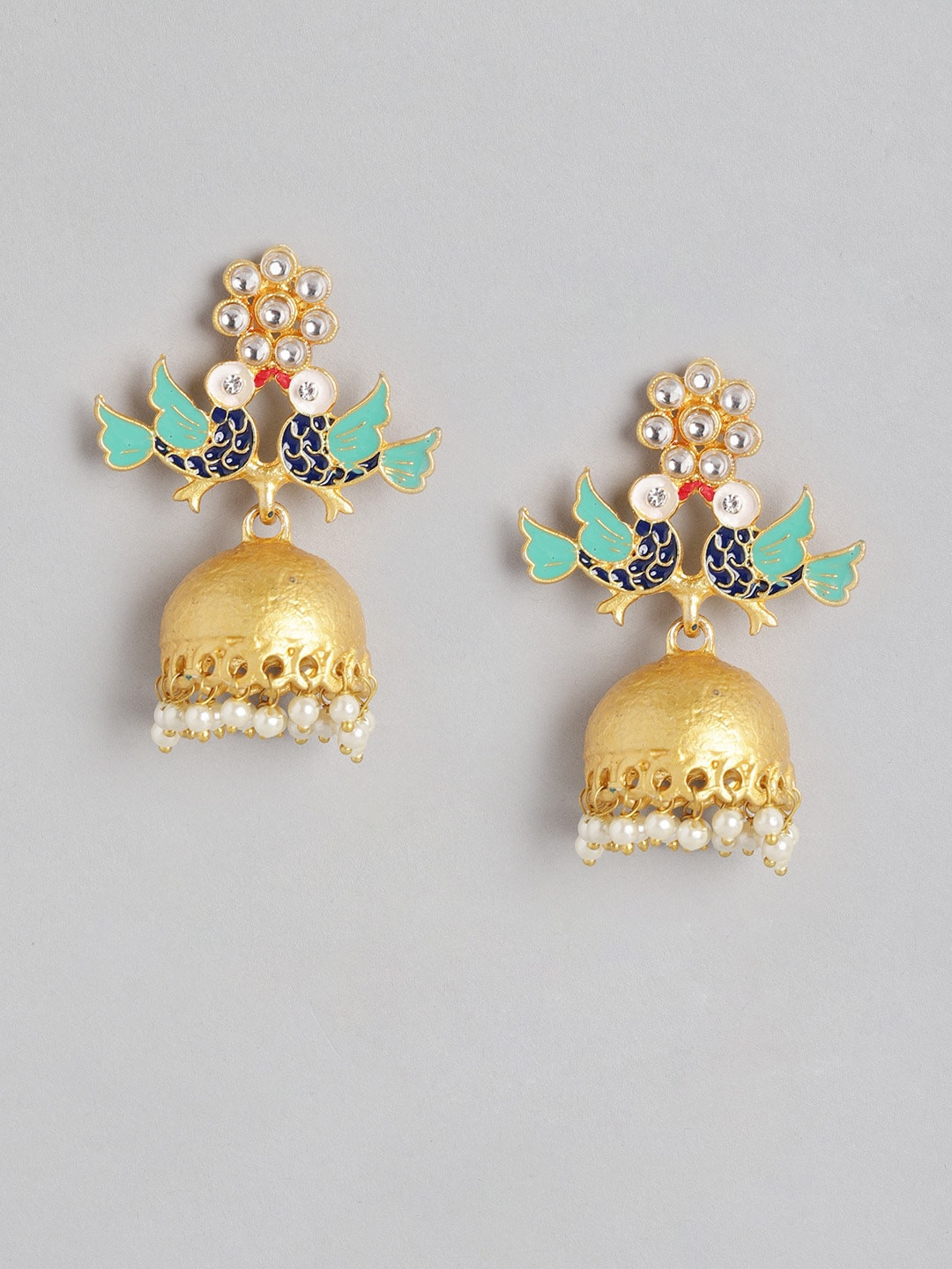 

Anouk Gold-Toned & Green Enameled Stone Studded & Beaded Dome Shaped Jhumkas