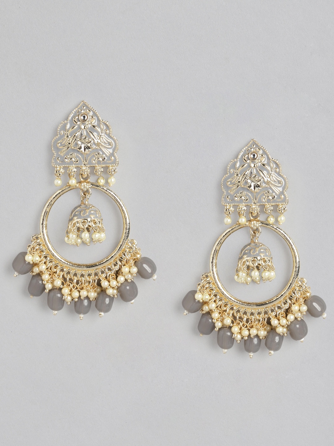 

Anouk Gold-Toned & Grey Enamelled Kundan Studded & Beaded Circular Drop Earrings
