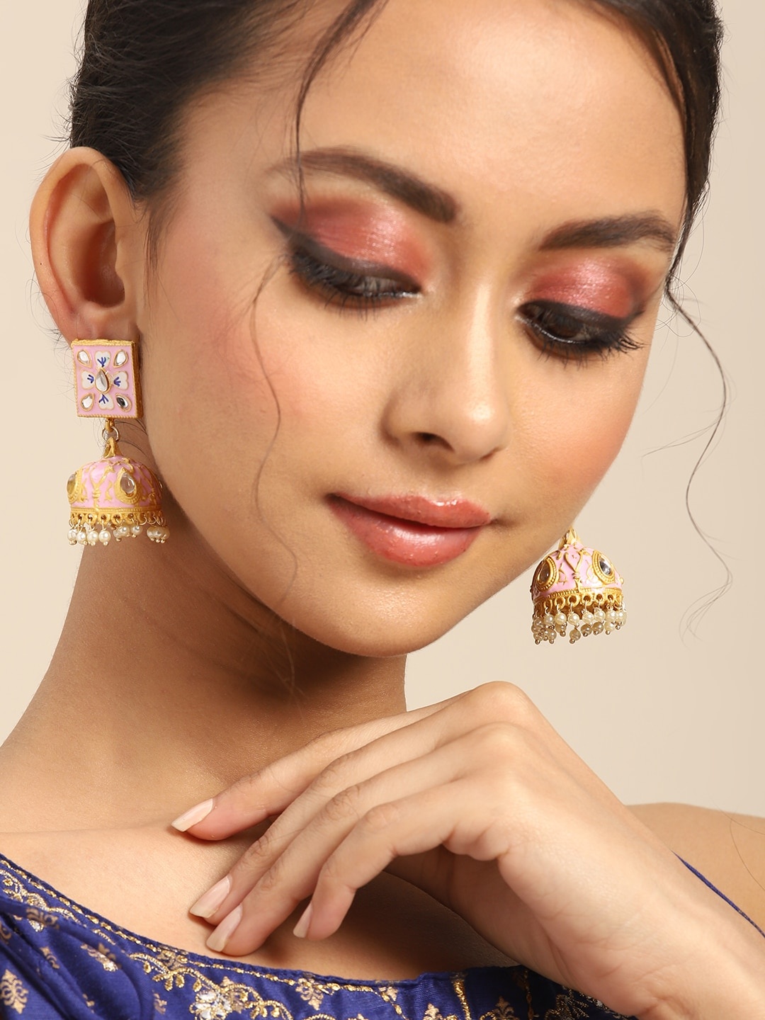 

Anouk Gold-Toned & Pink Stone Studded & Beaded Dome Shaped Jhumkas Earrings