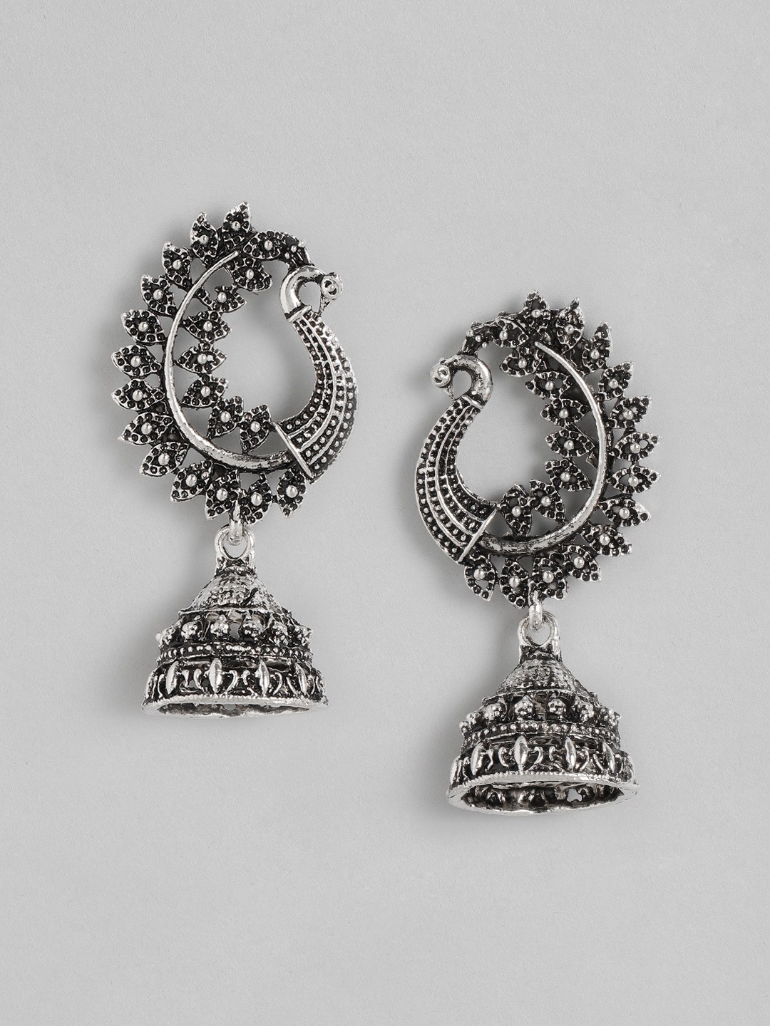 

Anouk Silver-Toned Oxidised Peacock Shaped Jhumkas