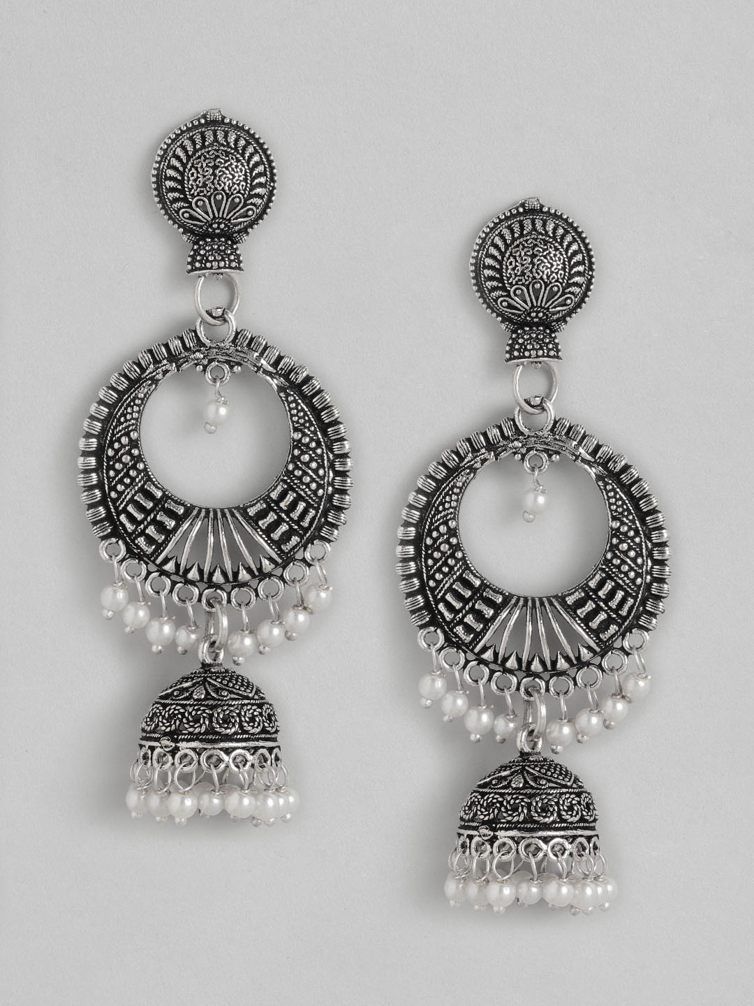 

Anouk Silver-Toned & White Oxidised Beaded Crescent Shaped Jhumkas