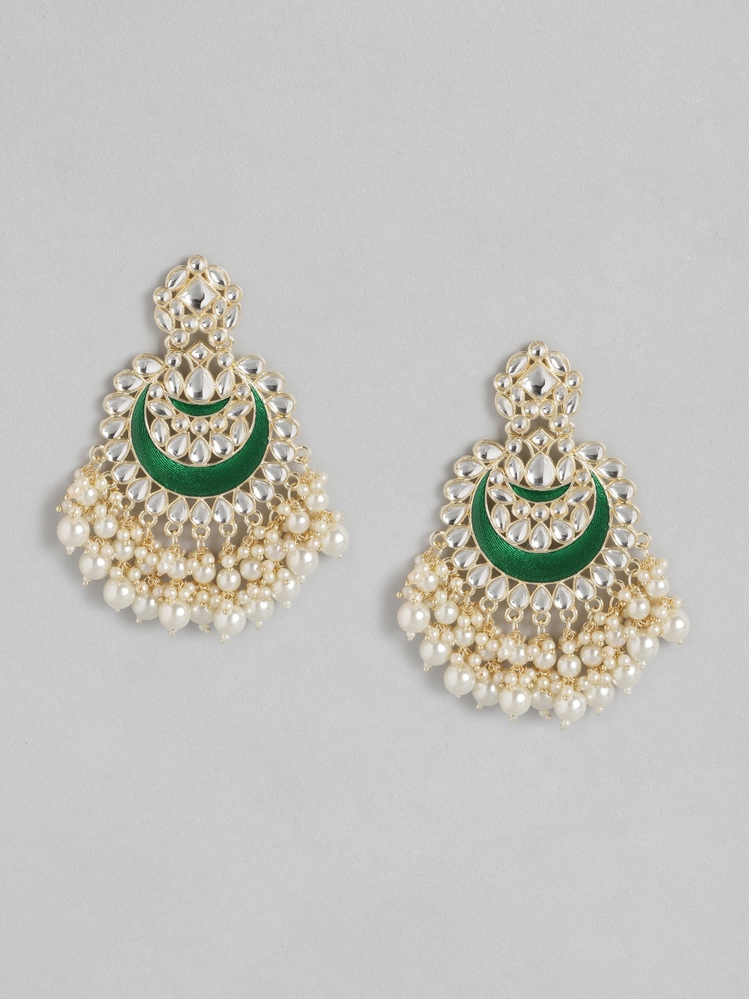 

Anouk Green & Gold-Toned Stone Studded & Beaded Crescent Shaped Chandbalis