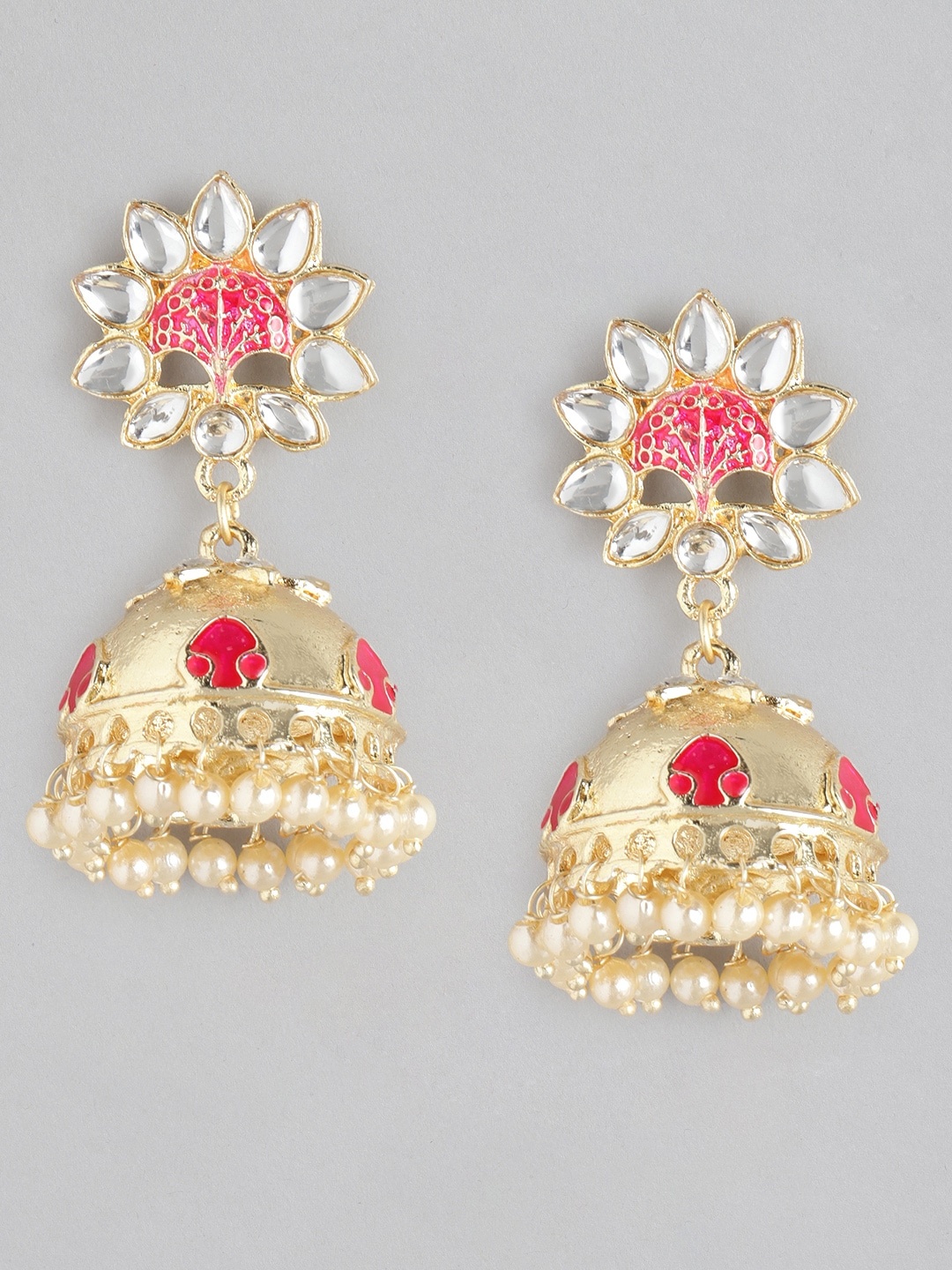 

Anouk Gold-Toned & Fuchsia Pink Stone-Studded & Beaded Dome Shaped Jhumka