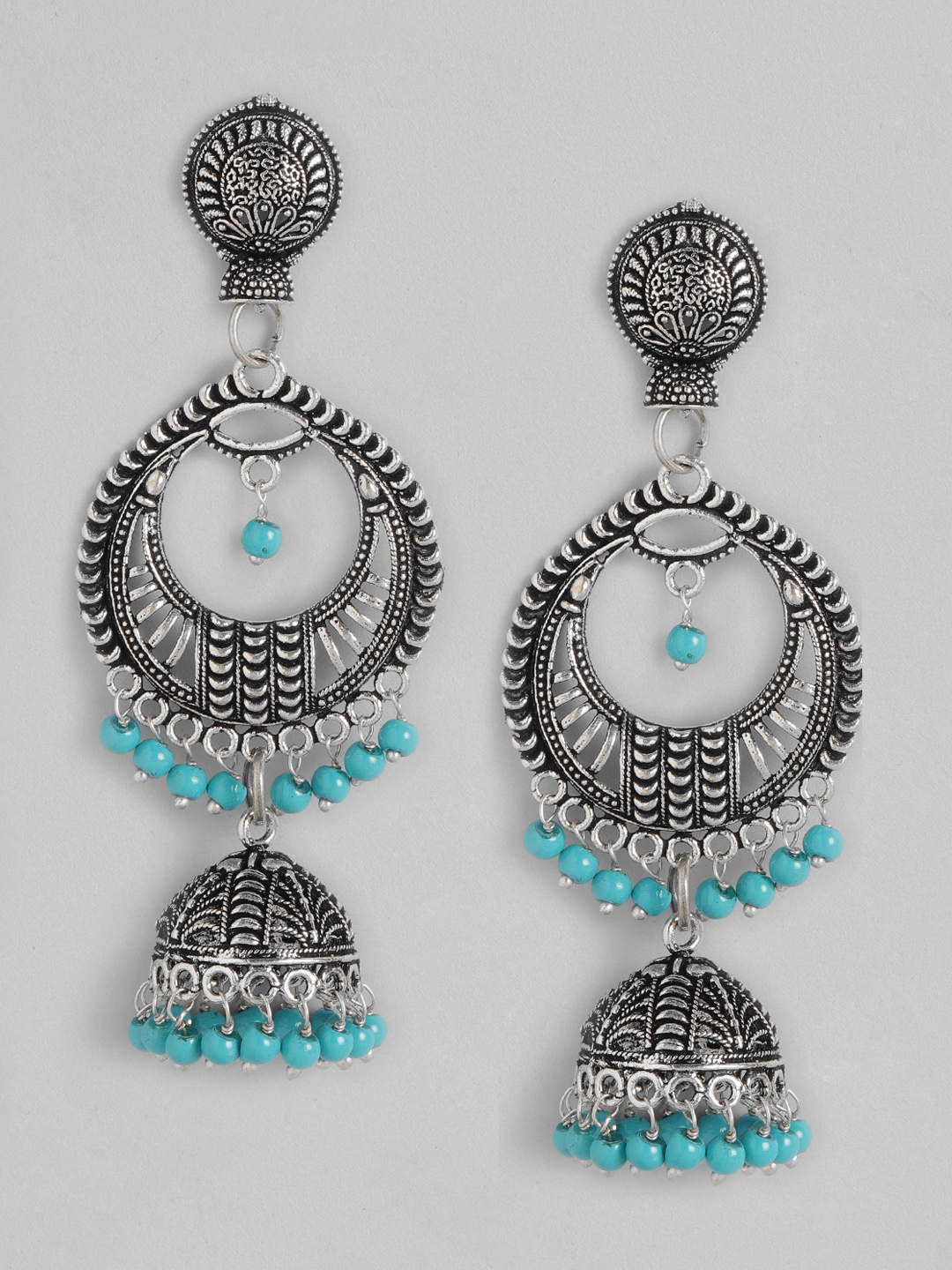 

Anouk Oxidised Silver-Toned & Blue Beaded Crescent Shaped Chandbalis