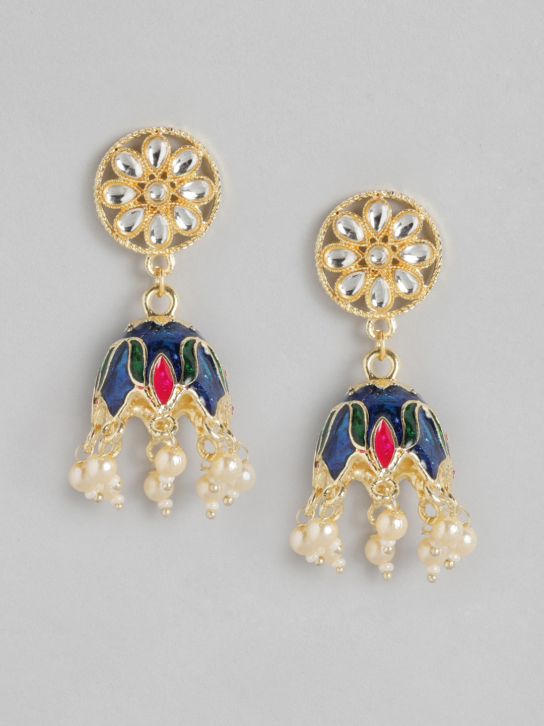 

Anouk Gold-Toned & Blue Stone Studded & Beaded Enamelled Dome Shaped Jhumkas
