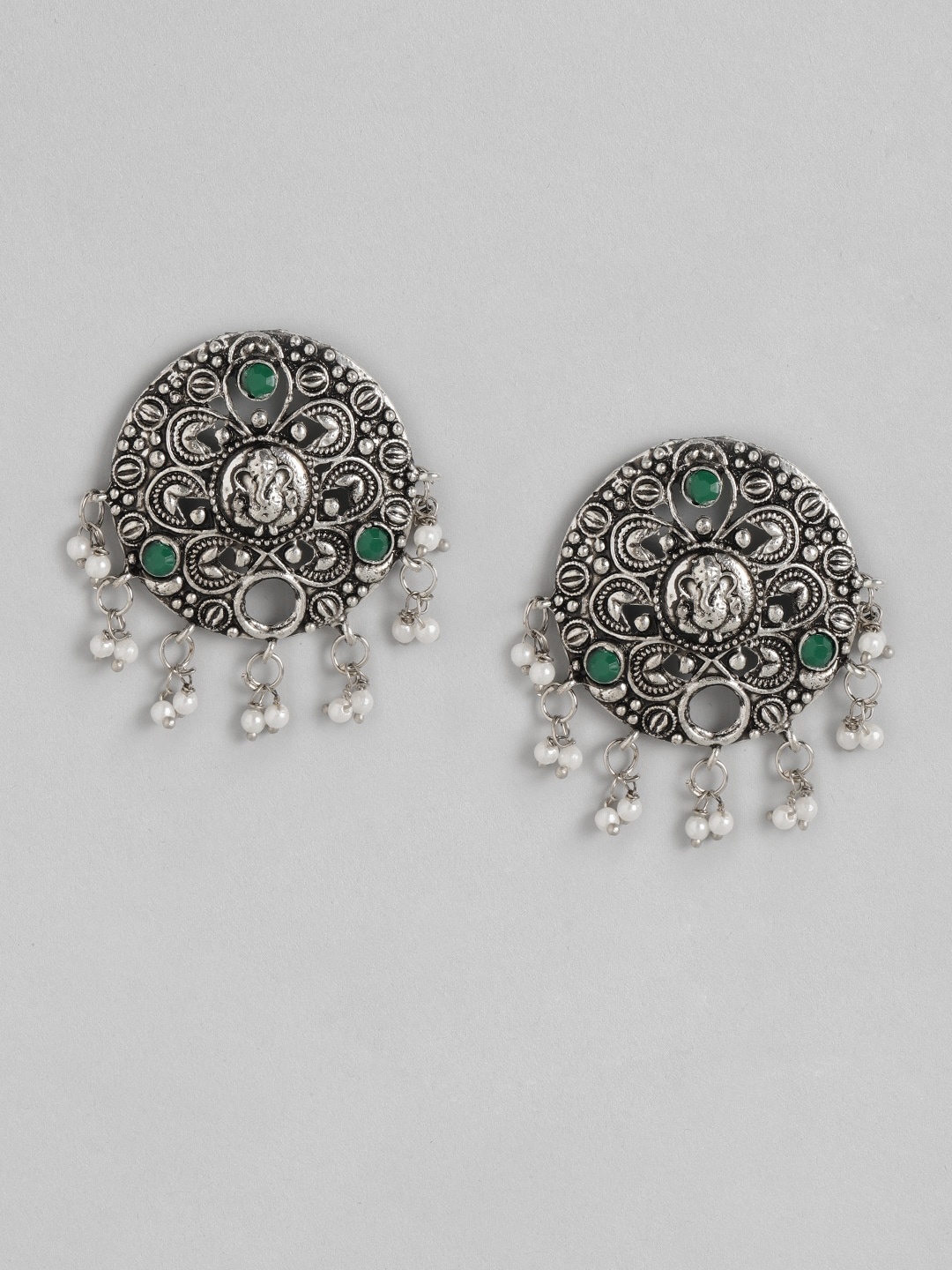 

Anouk Green & Silver-Toned Oxidised Stone-Studded & Beaded Temple Circular Drop Earrings