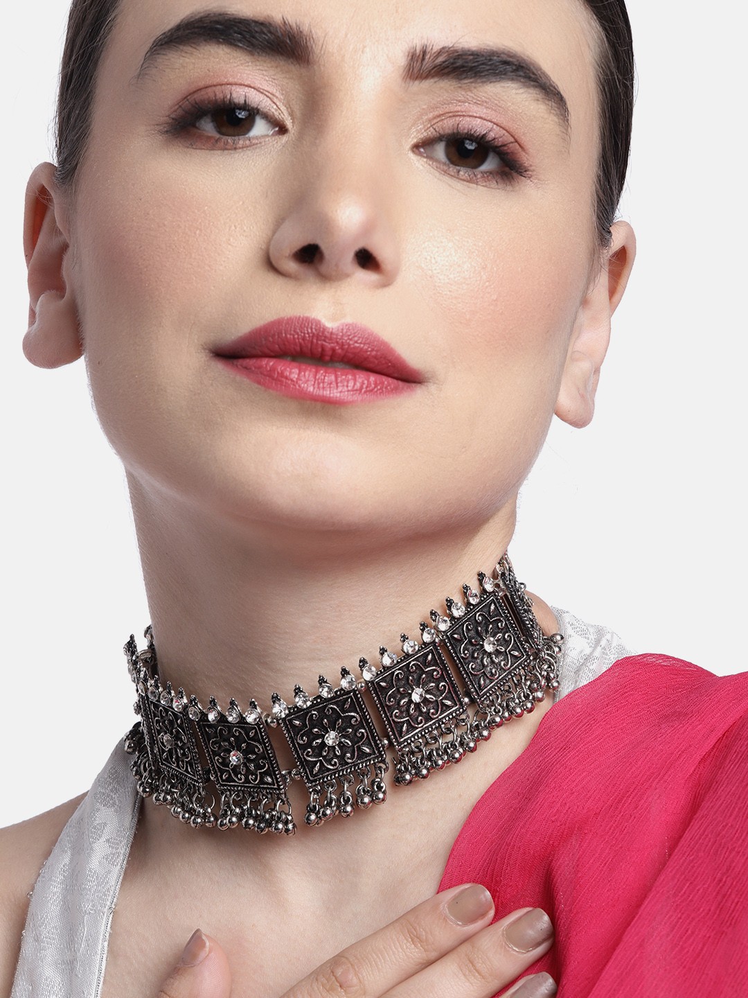 

Anouk Silver-Toned Oxidised Stone Studded Choker Necklace