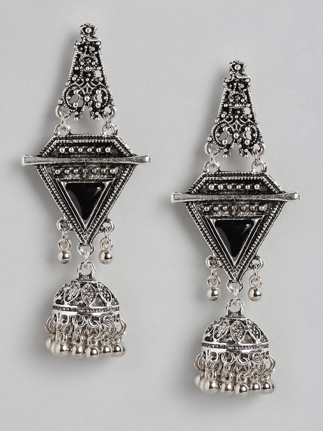 

Anouk Oxidised Silver-Toned & Black Stone Studded Geometric Drop Earrings