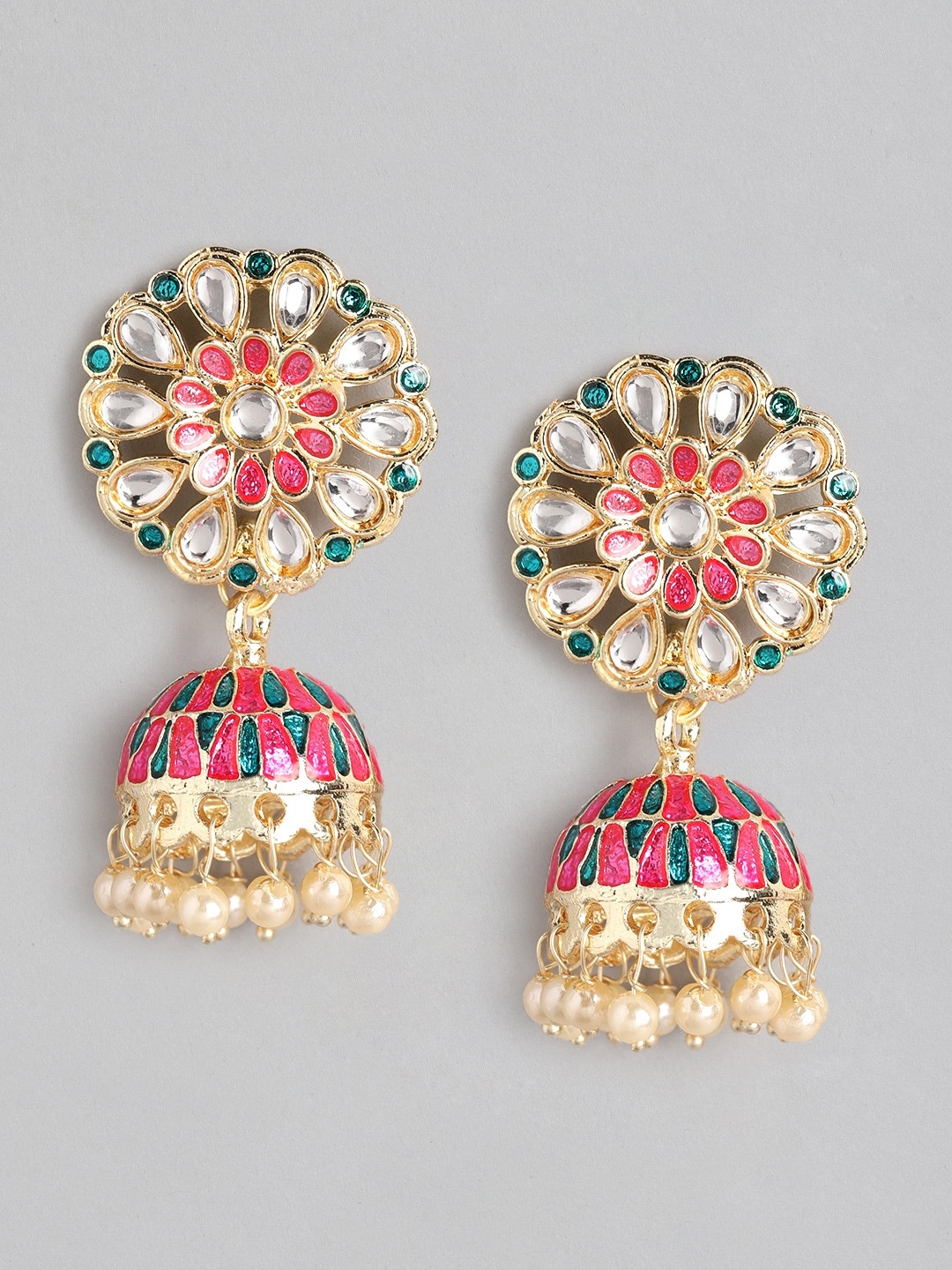 

Anouk Pink & Green Enameled Stone Studded & Beaded Dome Shaped Jhumkas