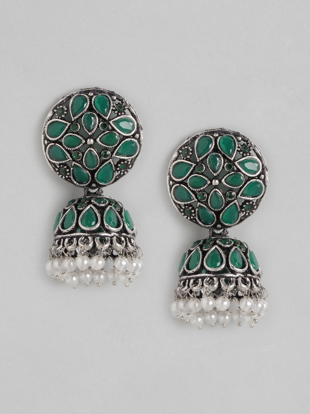 

Anouk Green & Silver-Toned Oxidised Stone-Studded & Beaded Circular Dome Shaped Jhumkas