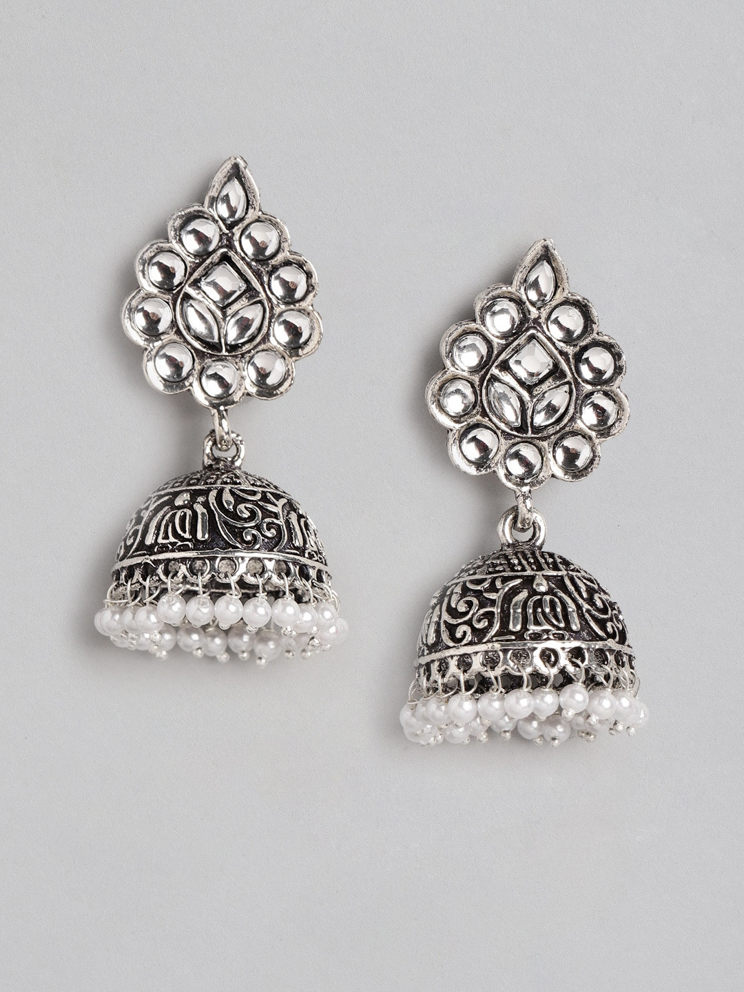 

Anouk Silver-Toned & White Oxidised Stone Studded & Beaded Dome Shaped Jhumkas