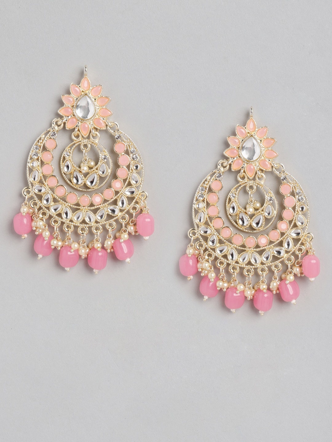 

Anouk Peach-Coloured & Gold-Toned Kundan Studded & Beaded Crescent Shaped Chandbalis