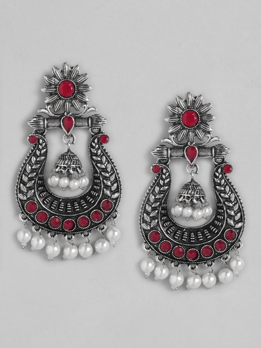 

Anouk Red & White Silver-Plated Oxidised Stone-Studded & Beaded Crescent Shaped Chandbalis