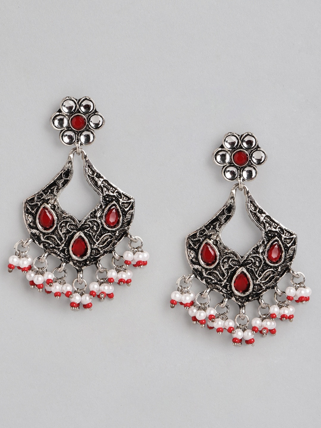 

Anouk Silver-Toned & Maroon Oxidised Stone Studded & Beaded Classic Drop Earrings