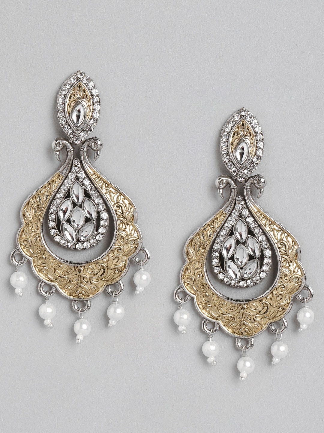 

Anouk Silver-Toned & Gold-Toned Oxidised Stone Studded Beaded Peacock Shaped Drop Earrings