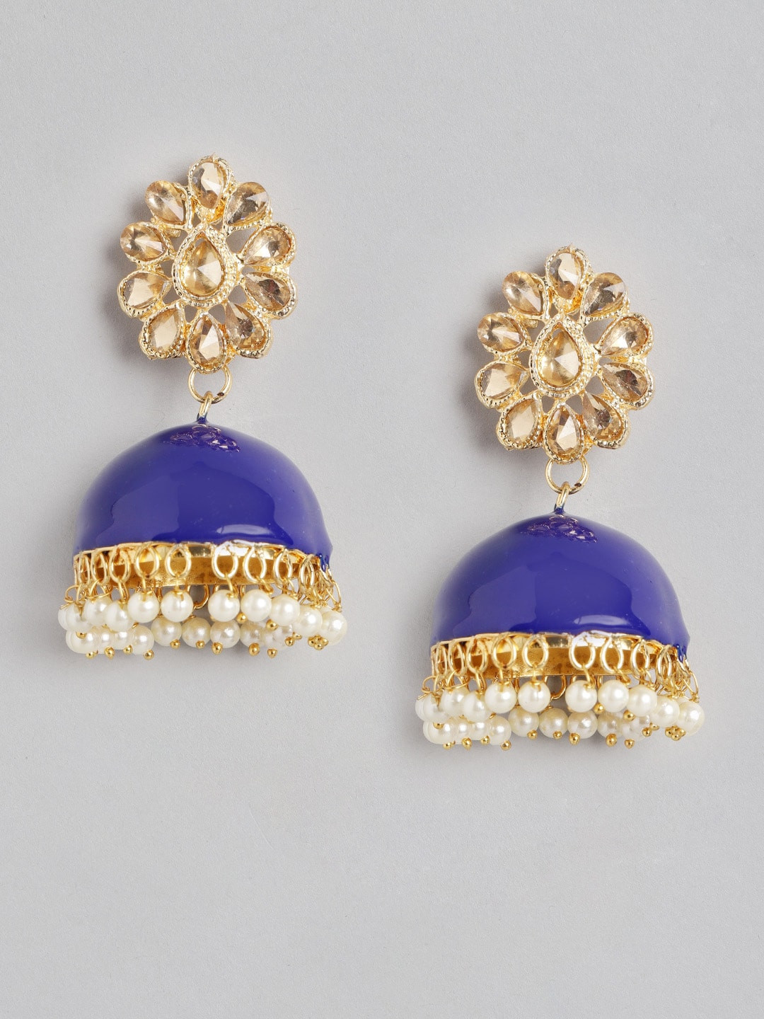 

Anouk Gold-Toned & Blue Stone Studded & Beaded Dome Shaped Jhumkas