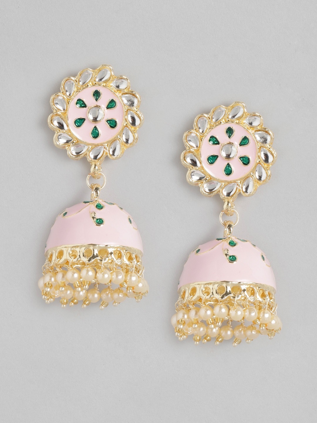 

Anouk Gold-Toned & Pink Stone Studded & Beaded Enamelled Dome Shaped Jhumkas
