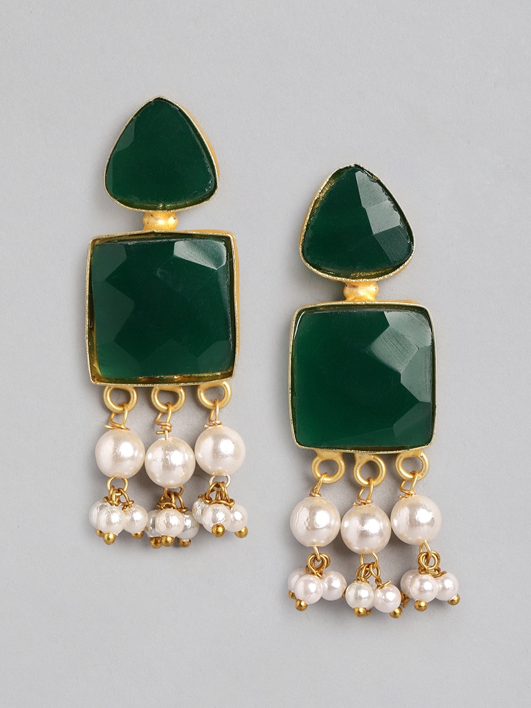 

Anouk Green & White Stone Studded & Beaded Square Shaped Drop Earrings