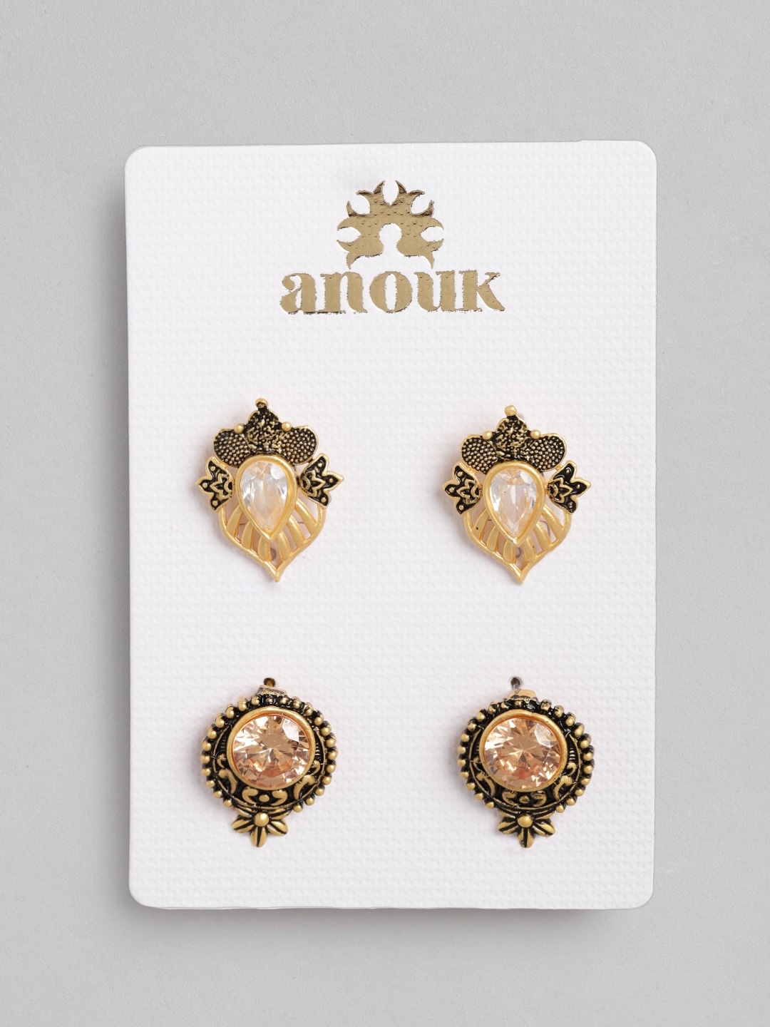 

Anouk Set of 2 Gold-Toned Antique Stone Studded Oversized Studs
