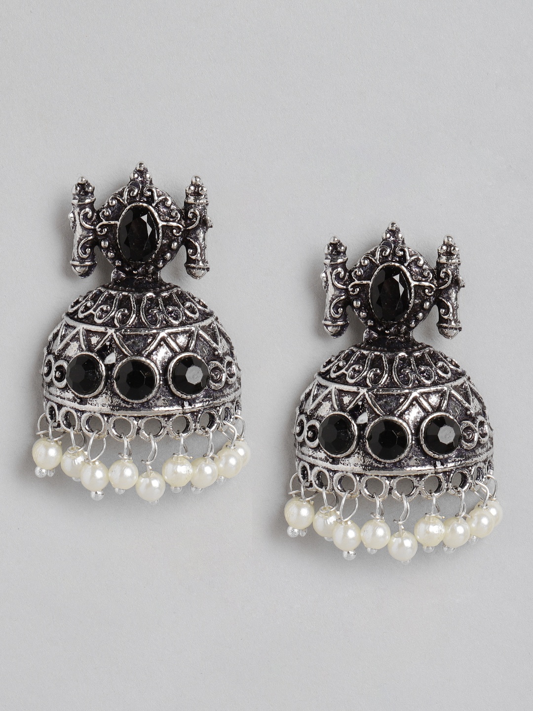 

Anouk Silver-Toned & Black Oxidised Stone Studded & Beaded Dome Shaped Jhumkas