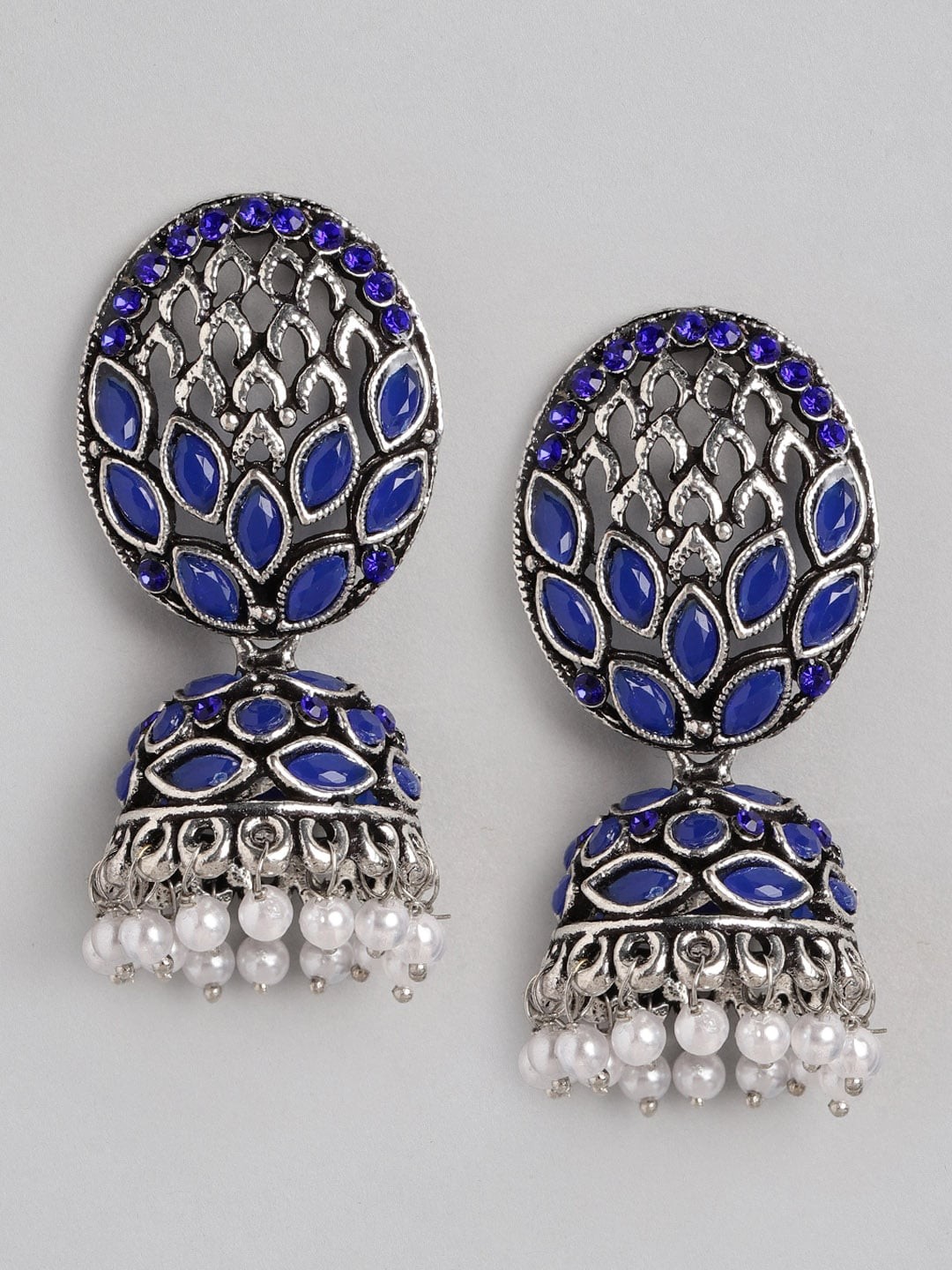 

Anouk Silver-Toned & Blue Oxidised Stone Studded & Beaded Dome Shaped Jhumkas