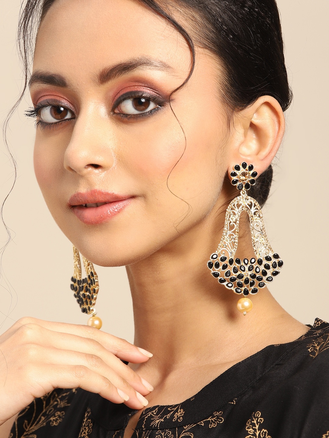 

Anouk Gold-Toned & Black Stone Studded & Beaded Contemporary Drop Earrings