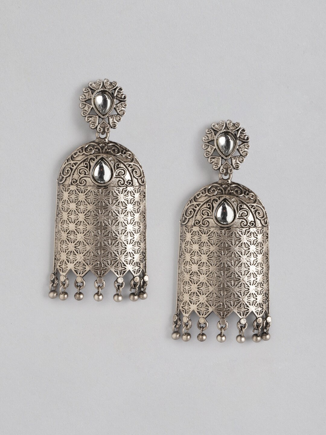 

Anouk Oxidised Silver-Toned Stone Studded Classic Drop Earrings