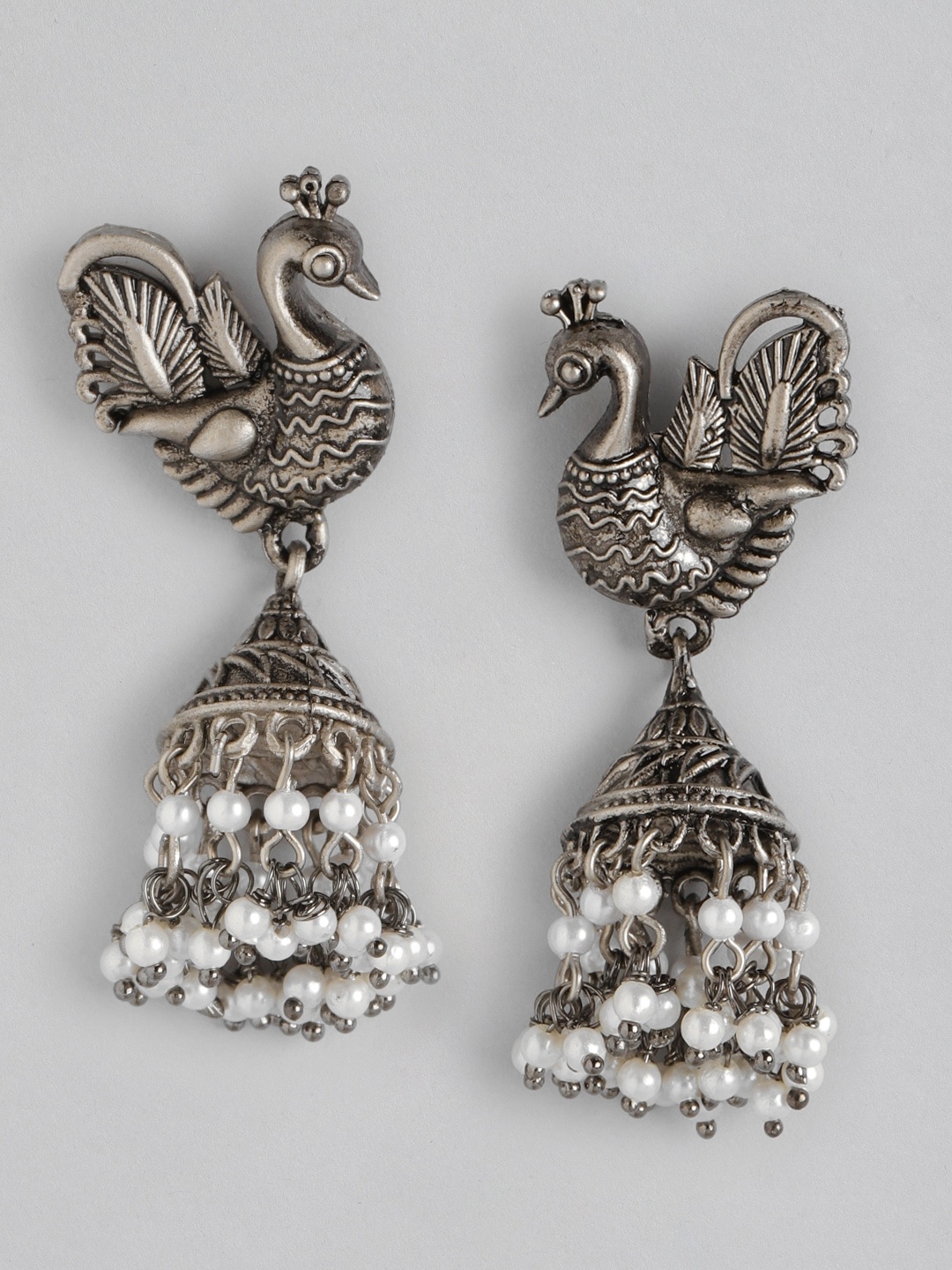 

Anouk Oxidised Silver-Toned Beaded Dome Shaped Jhumkas