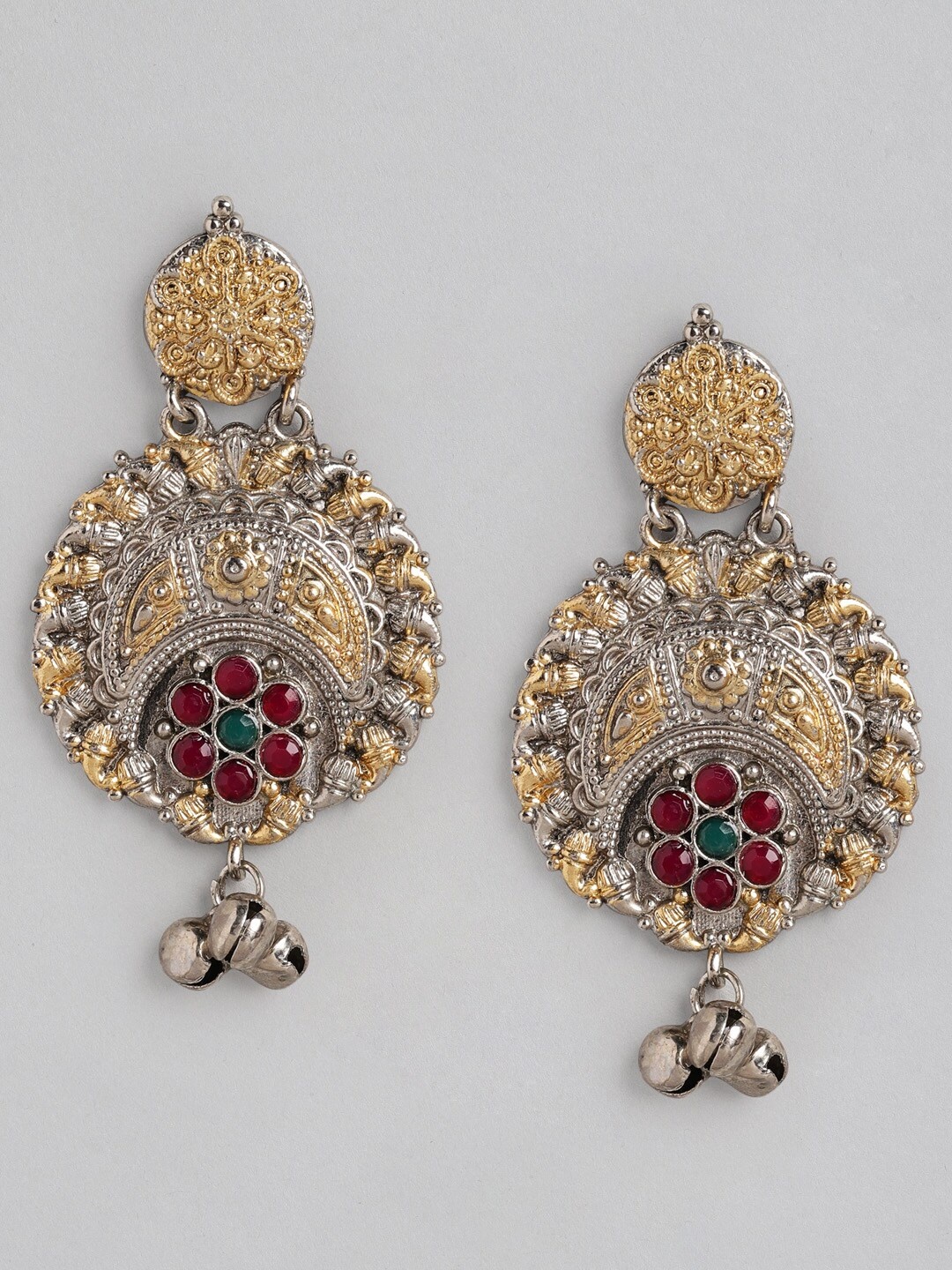 

Anouk Silver-Toned & Gold-Toned Oxidised Stone Studded Circular Drop Earrings