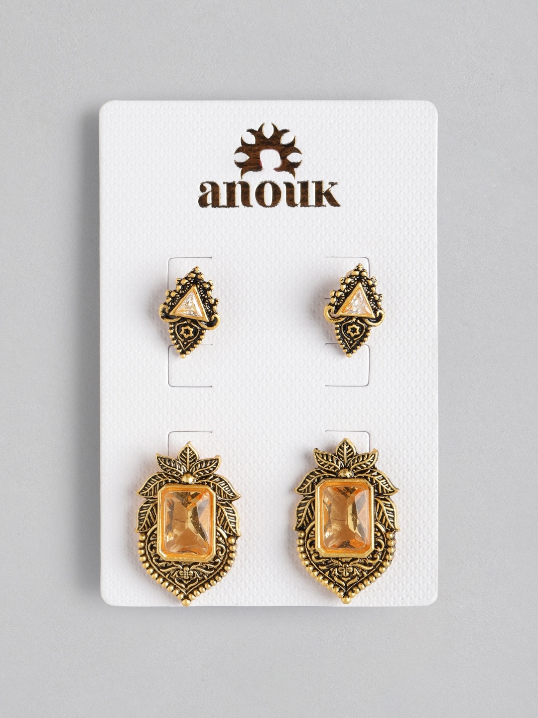 

Anouk Set of 2 Gold-Toned Antique Stone Studded & Beaded Oversized Studs