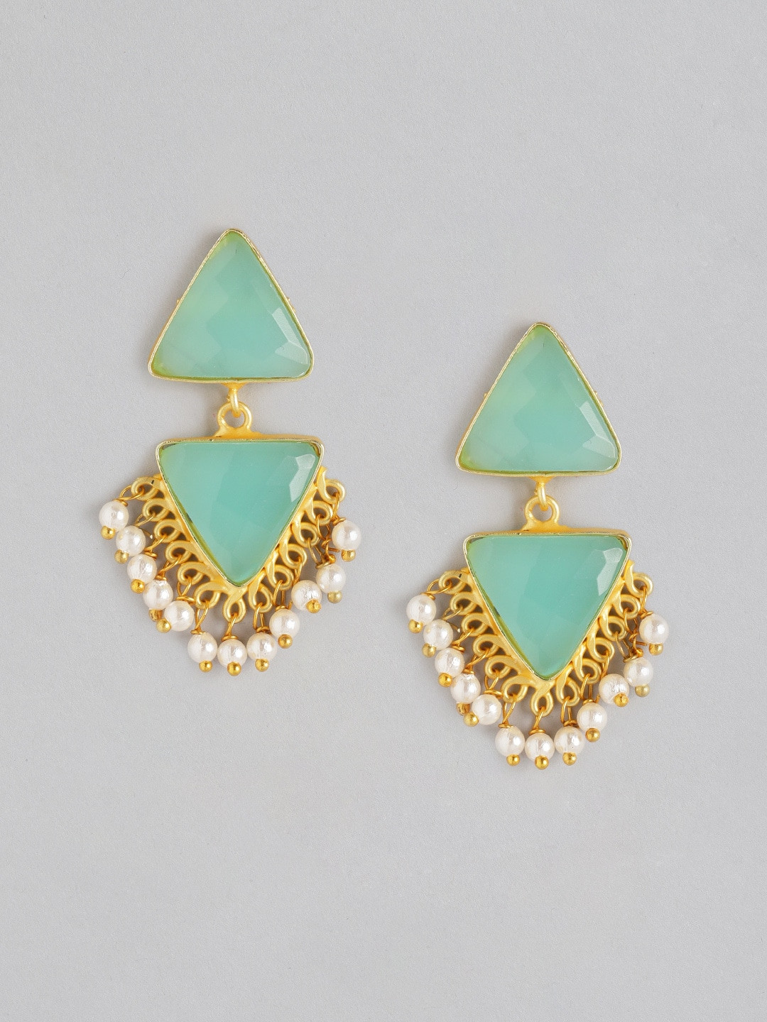

Anouk Mint Green & Gold-Toned Triangular Stone Studded & Beaded Drop Earrings