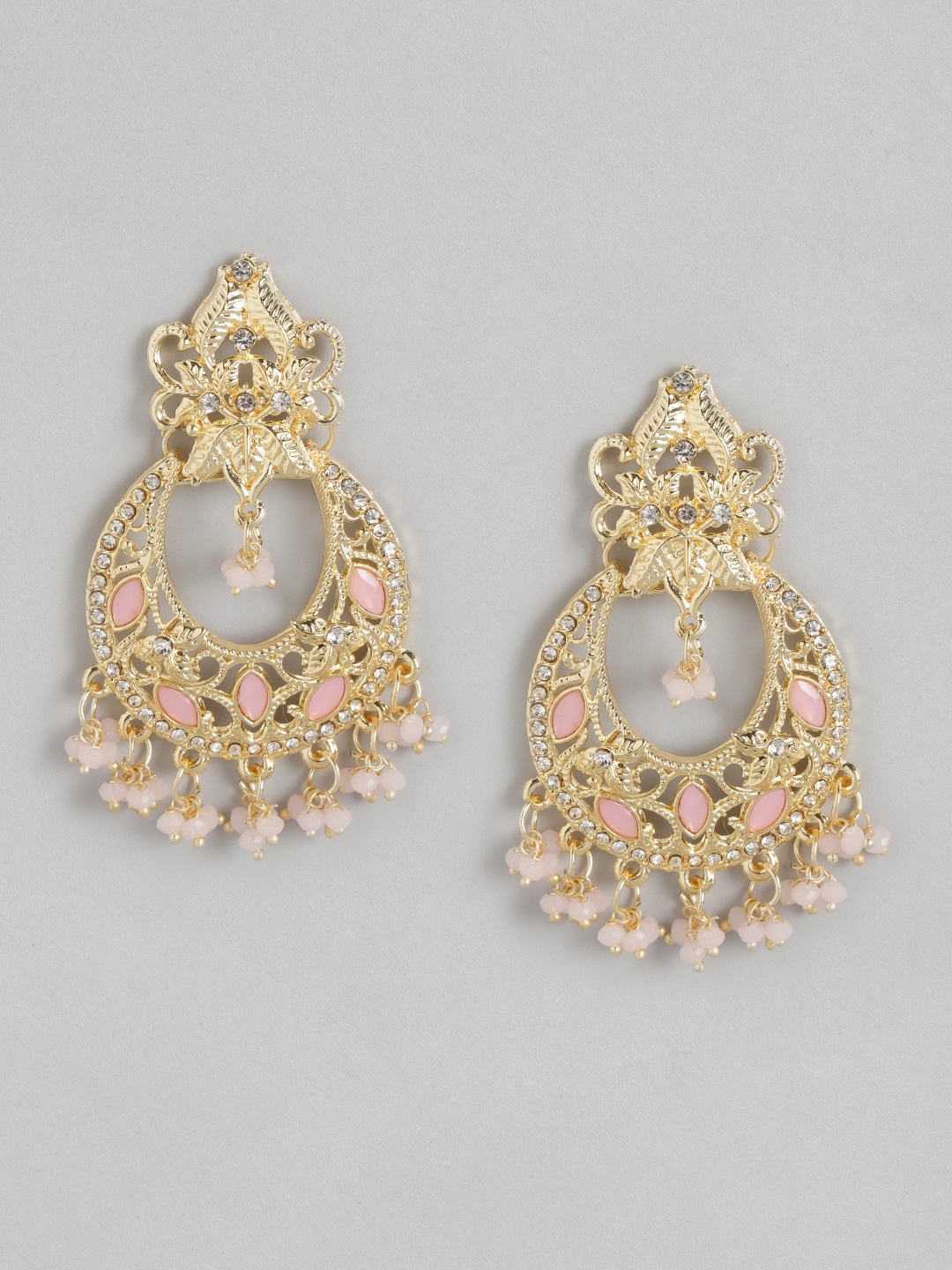 

Anouk Gold-Toned & Pink Stone Studded & Beaded Crescent Shaped Chandbalis