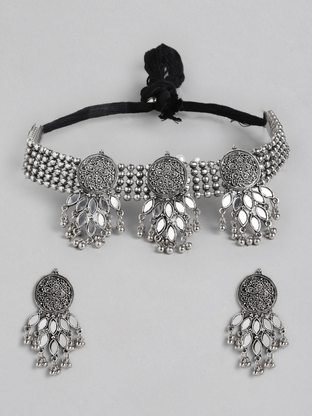 

Anouk Women Oxidised Silver -Toned Mirror Studded Jewellery Set