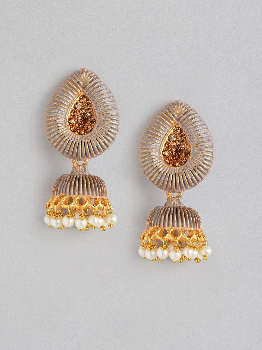 

Anouk Grey & Gold-Toned Dome Shaped Stone Studded & Beaded Jhumkas