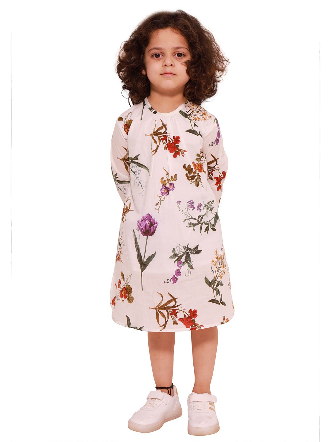 

YK Girls White & Green Floral Printed Pure Cotton A-Line Dress