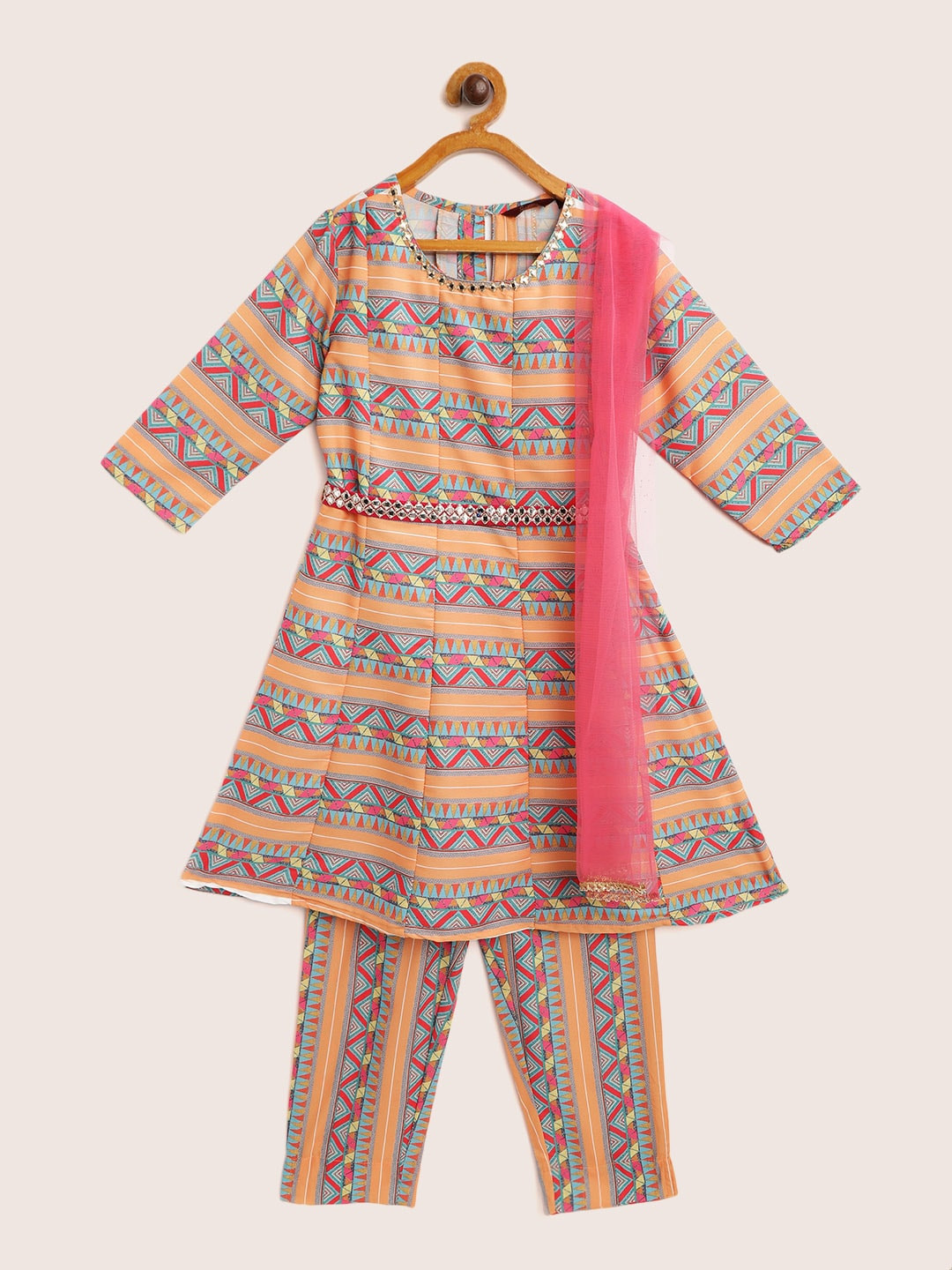 

Sangria Girls Peach-Coloured & Blue Printed Panelled A-Line Kurta with Trousers & Dupatta