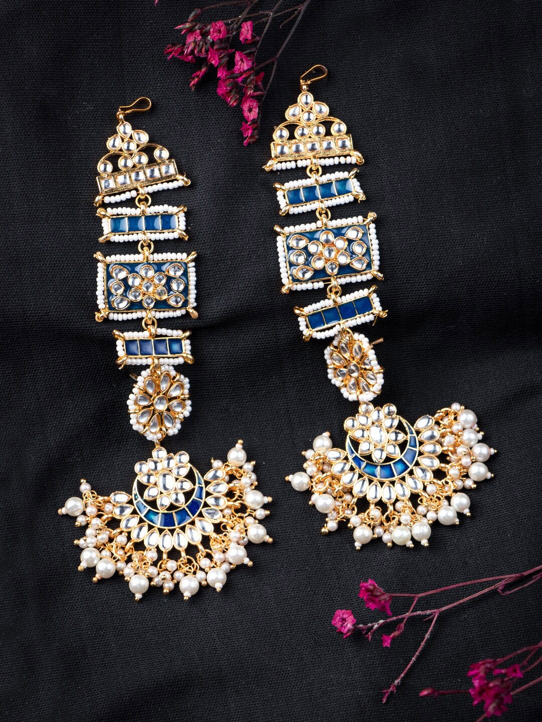 

MORKANTH JEWELLERY Gold-Plated Navy Blue & White Crescent Shaped Chandbalis