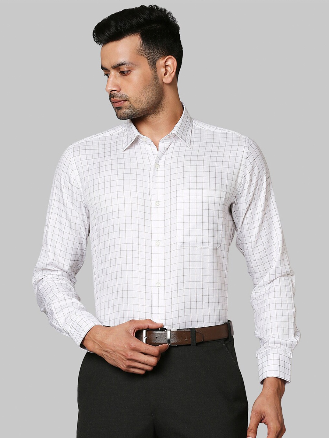 

Raymond Men Off White Grid Tattersall Checked Formal Shirt