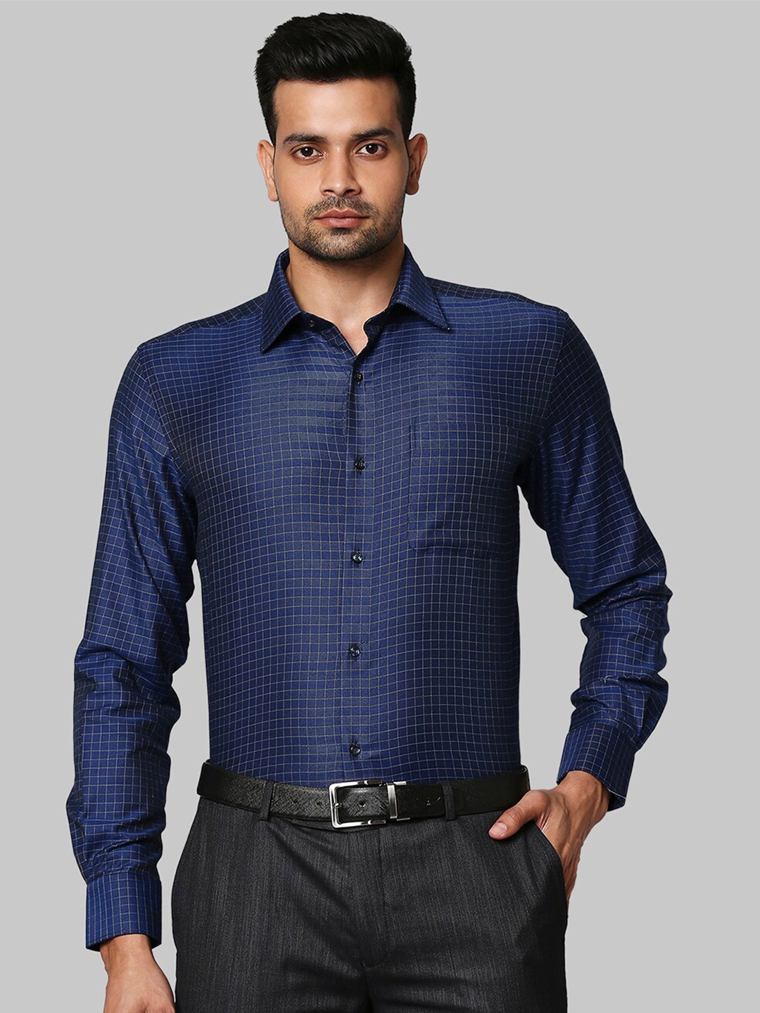 

Raymond Men Blue Opaque Checked Formal Shirt