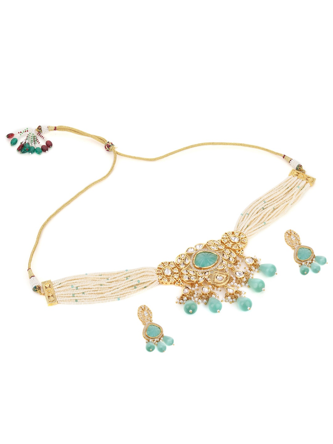 

Runjhun Gold-Plated White Kundan-Studded Sea Green & White Beaded Jewellery Set