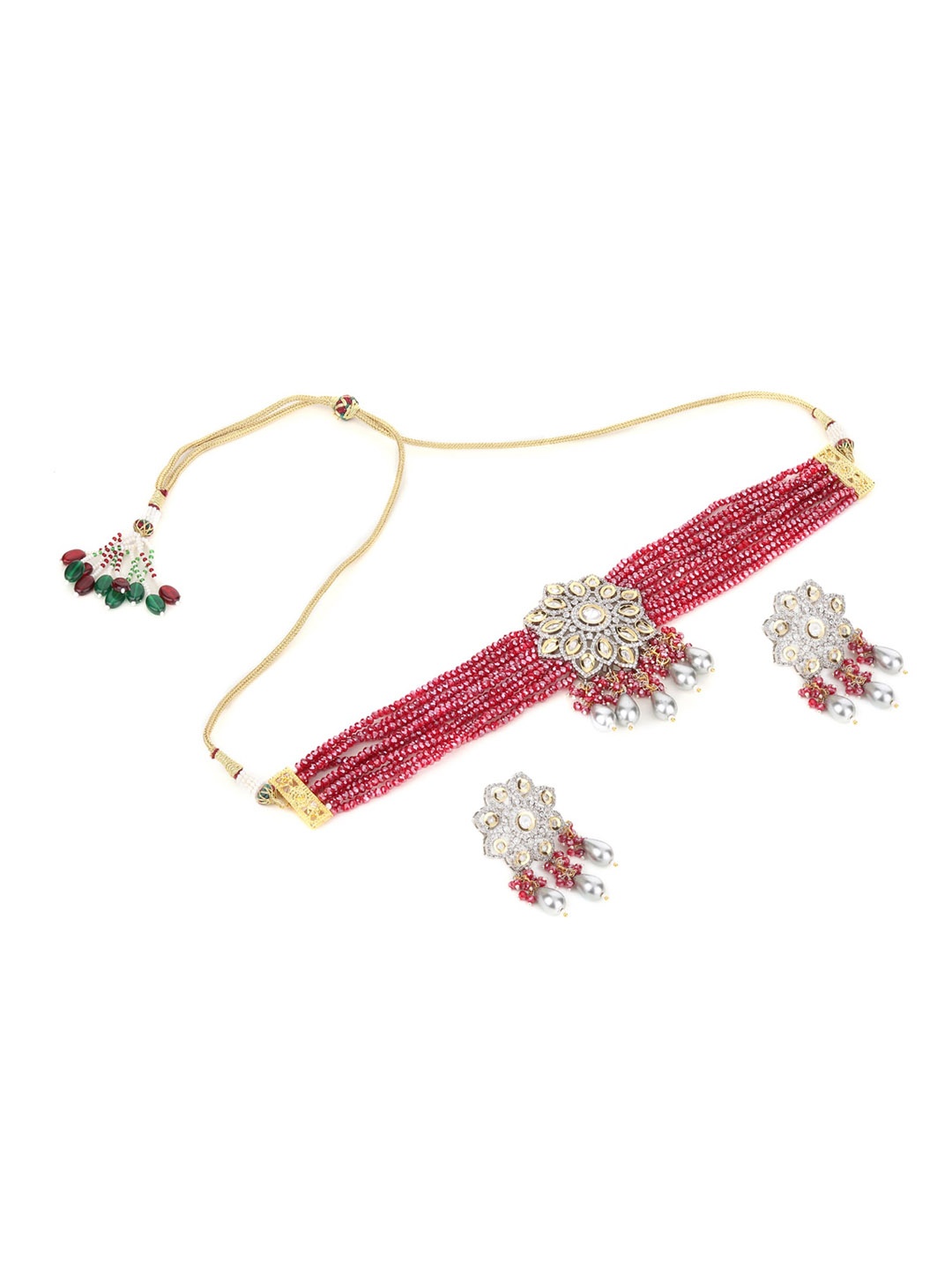 

Runjhun Women Magenta & Gold Toned CZ Stone Studded & Beaded Necklace Set