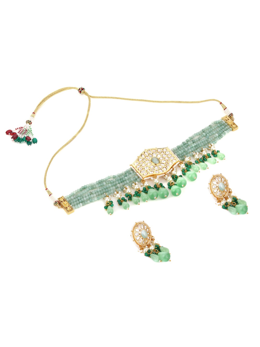 

Runjhun Gold-Plated Green & White Kundan Studded & Beaded Jewellery Set