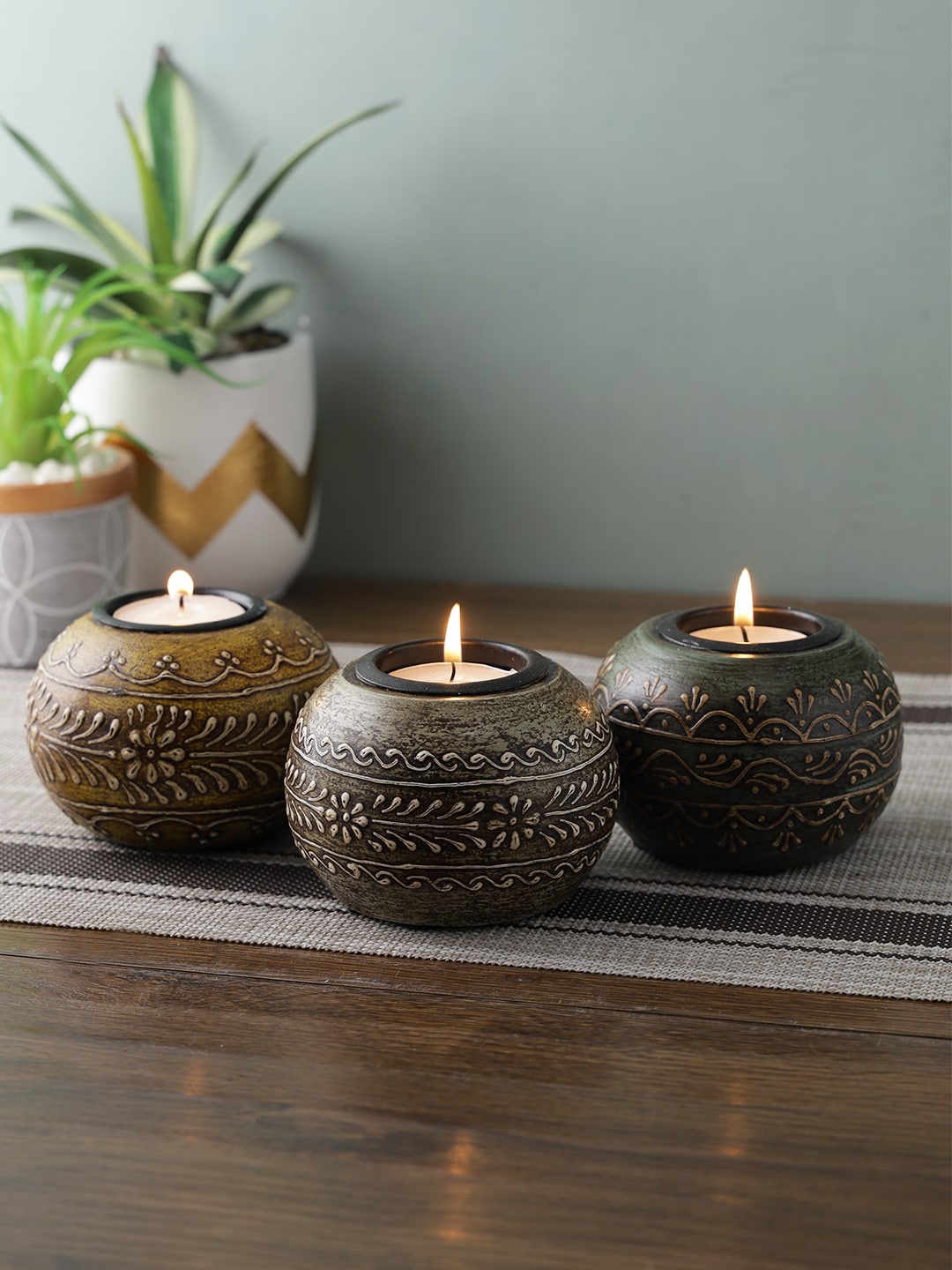 

Aapno Rajasthan Set of 3 Handcrafted Wooden Candle Holders, Mustard