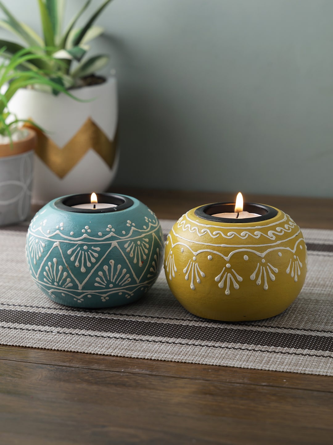 

Aapno Rajasthan Set of 2 Handcrafted Wooden Candle Holders, Blue