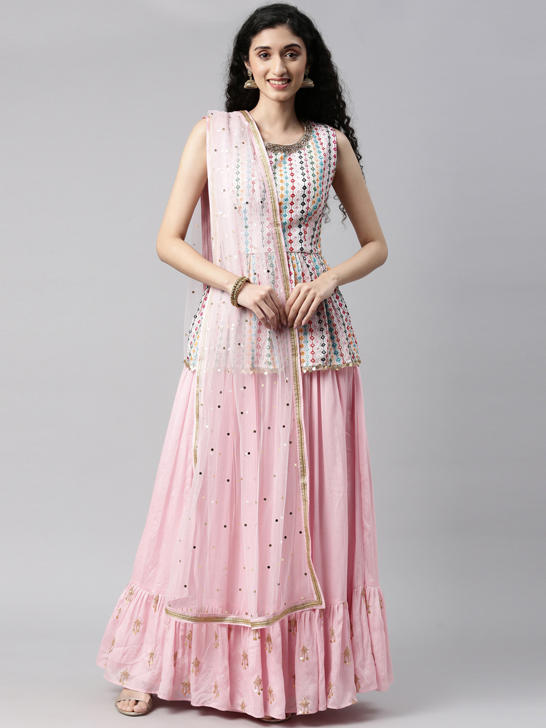 

Neerus Pink & White Embroidered Thread Work Ready to Wear Lehenga & Blouse With Dupatta